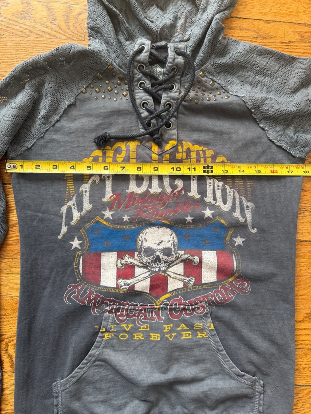 Affliction Women’s Gray Lace-Up Hoodie with Patriotic Skull Graphic - Picture 2 of 7